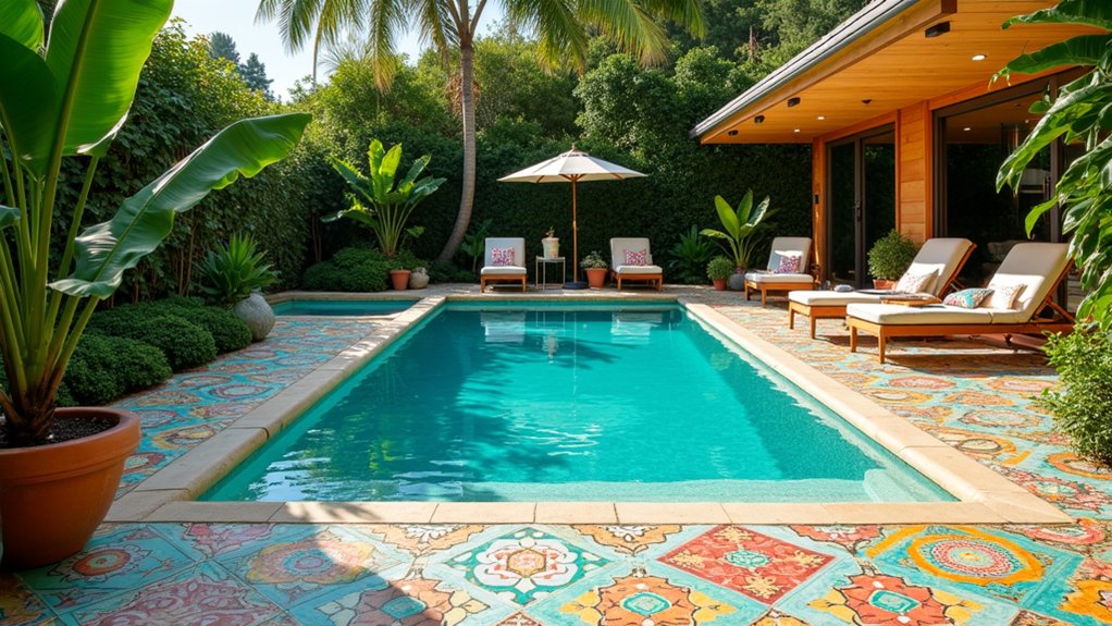 23 Seamless Pool Deck Extension Ideas for a Bigger Backyard Feel vibrant patterned tile makeover