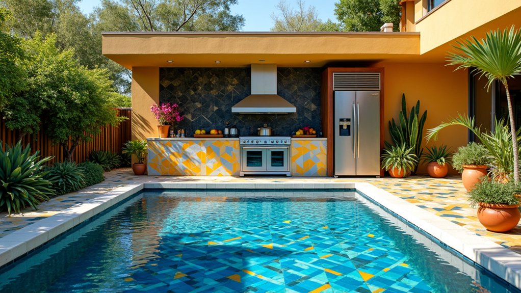 23 Bold Pool Deck With Outdoor Kitchen Ideas for the Ultimate Entertaining Space vibrant patterns for pool