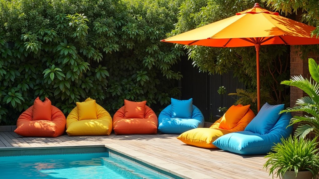 23 Cozy Pool Deck Decorating Ideas With Seating Areas for Relaxation vibrant plush outdoor bean bags