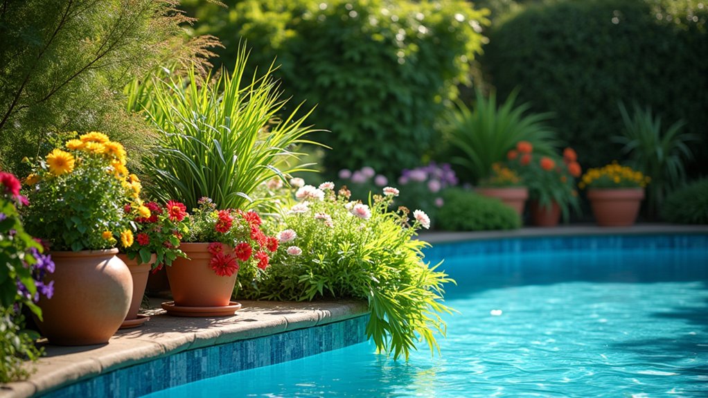 15 Affordable Above Ground Pool Landscaping Ideas for a Fresh Look vibrant potted plants enhance