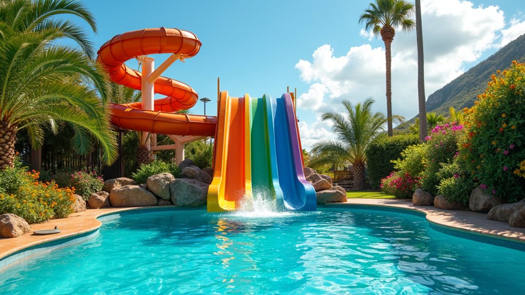 23 Fun Pool Landscaping With Slide Features Kids Will Love vibrant rainbow slide paradise