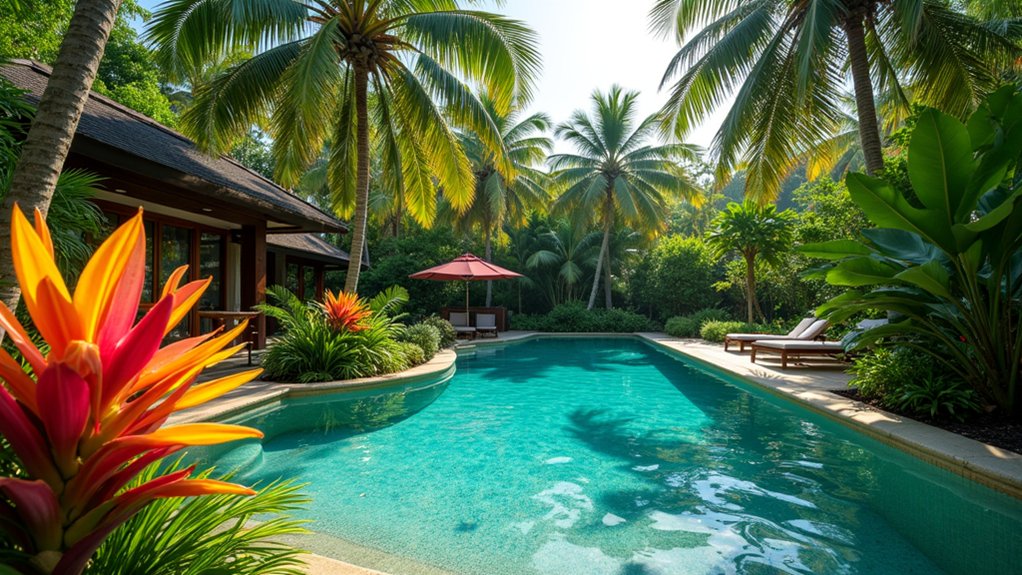 18 Lush Tropical Pool Landscaping Ideas for a Private Paradise vibrant tropical floral paradise