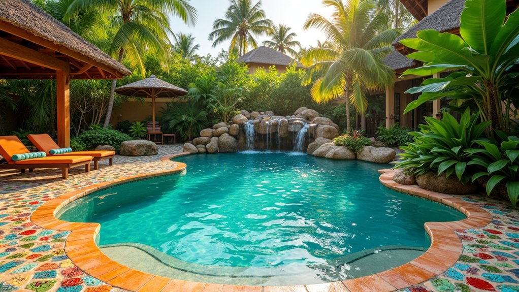 23 Tropical Pool Design Ideas to Escape to Island Vibes vibrant tropical mosaic tiles