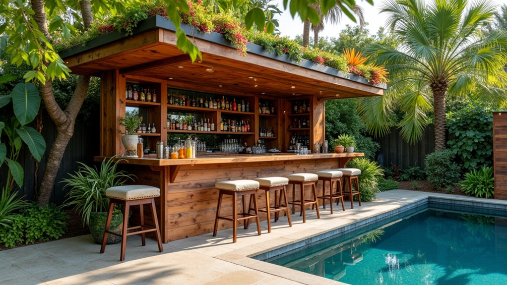15 Affordable Above Ground Pool Landscaping Ideas for a Fresh Look vintage poolside bar oasis