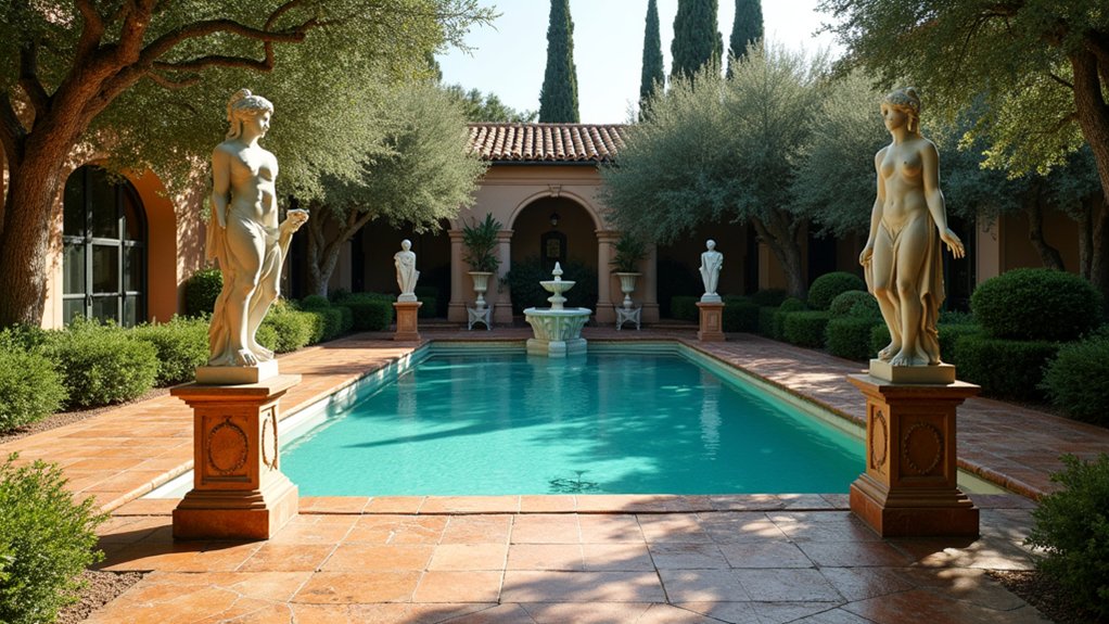 18 Mediterranean Pool Design Ideas for Timeless Style vintage sculptures enhance ambiance