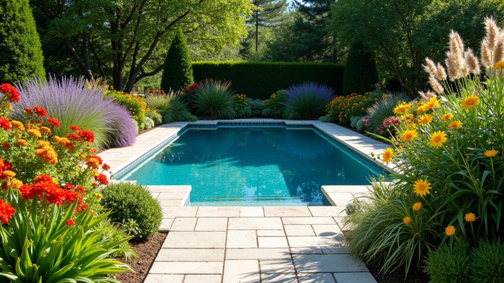 18 Stylish Above Ground Pool Landscaping Designs That Impress Instantly vivid blooms enhance poolside