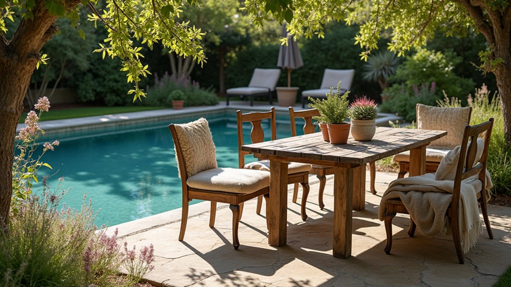 15 Rustic Pool Ideas for a Cozy Outdoor Escape weathered wood outdoor furniture