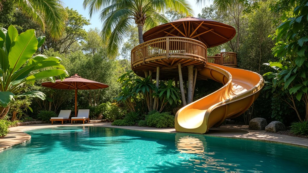 20 Pool Ideas With Slide Additions for Family Fun whimsical treehouse slide adventure