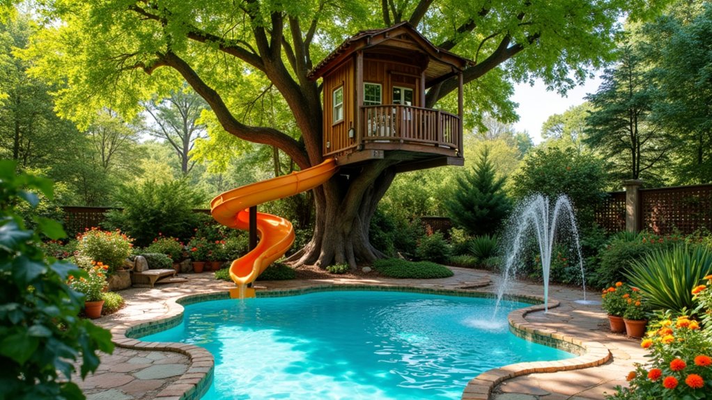 23 Fun Pool Landscaping With Slide Features Kids Will Love whimsical treehouse slide adventure