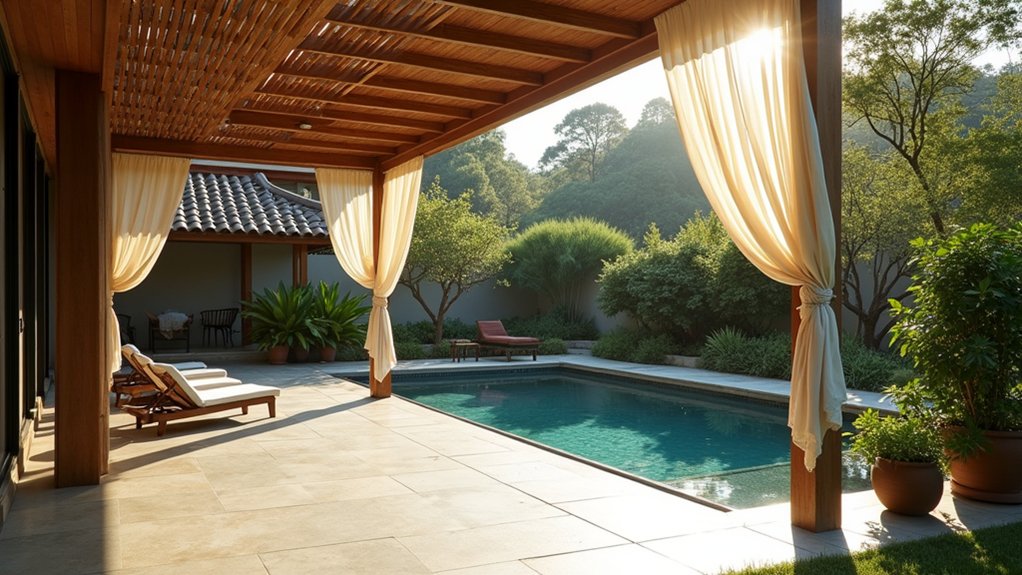 23 Serene Zen Pool Deck Ideas for a Tranquil Outdoor Retreat wooden pergola for shade