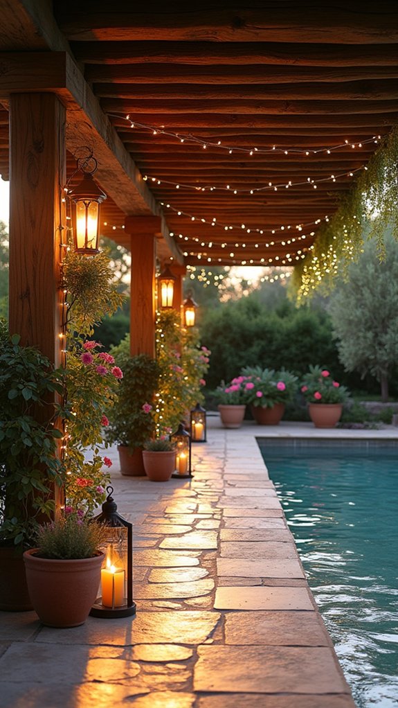 25 Mediterranean Pool Pergola Ideas With Timeless Elegance ambient lighting enhances ambiance