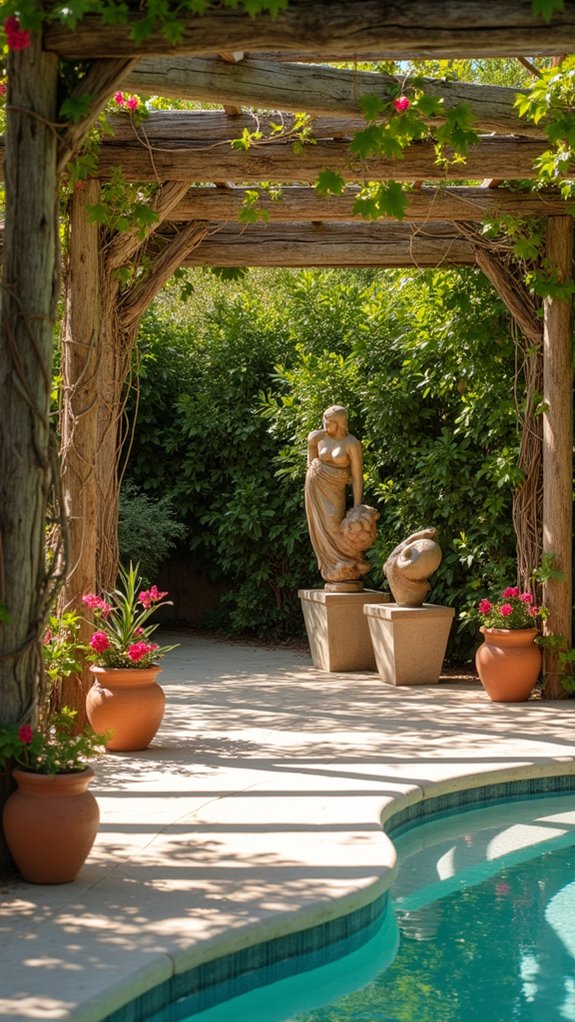 25 Mediterranean Pool Pergola Ideas With Timeless Elegance artful sculptures and decor