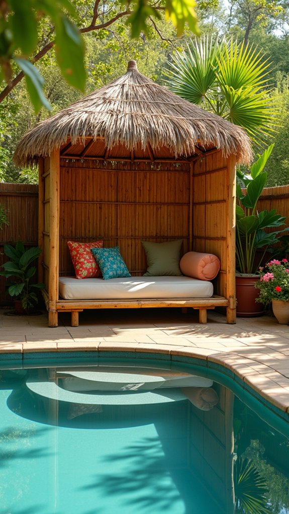 24 Beautiful Pool Gazebo Ideas That Add Shade and Structure bamboo privacy pool retreat