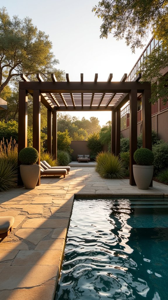 20 Refined Pool Pergola Design Ideas With Architectural Interest bold geometric pergola design