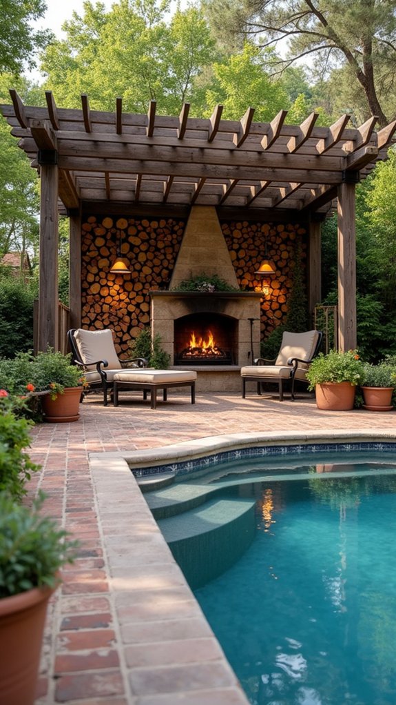 20 Cozy Pool Pergola With Fireplace Ideas For Warm Nights chic pergola with firewood