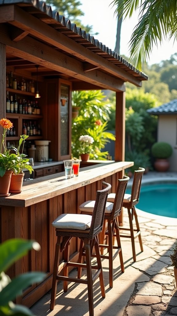 21 Clever Small Backyard Pool Cabana Ideas That Make Space Work Harder chic poolside bar stools