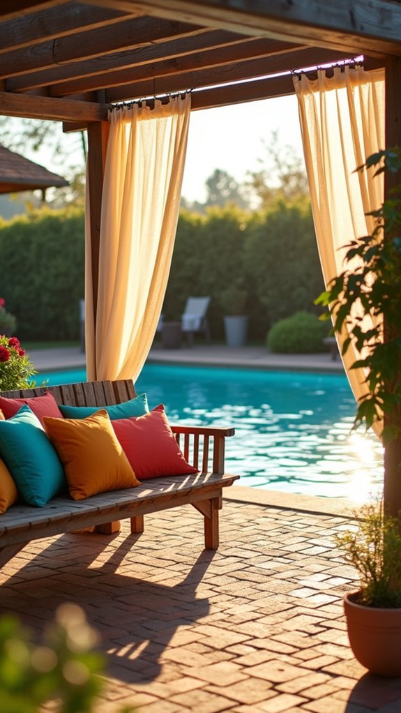 24 Thoughtful Pool Pergola Ideas That Add Style and Shade colorful and stylish pillows