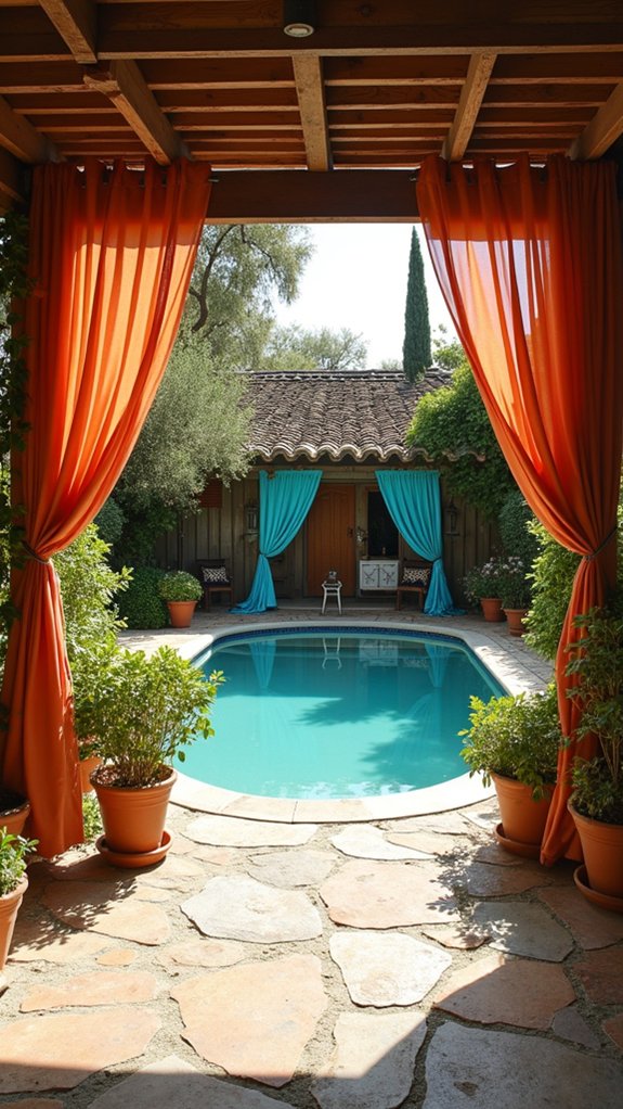25 Mediterranean Pool Pergola Ideas With Timeless Elegance colorful drapes for privacy