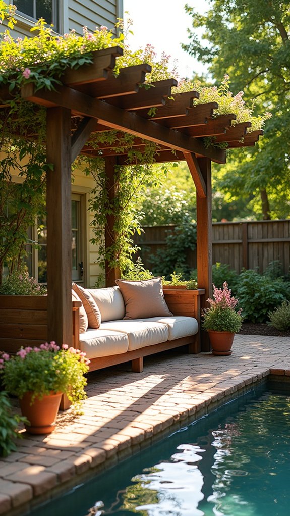 18 Charming Backyard Pool Pergola Ideas That Complete the Space colorful pergola with benches