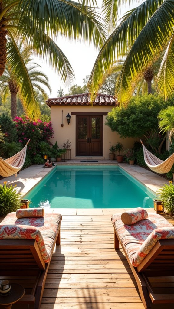25 Luxury Pool House Ideas That Feel Like a Private Resort colorful plants and textiles