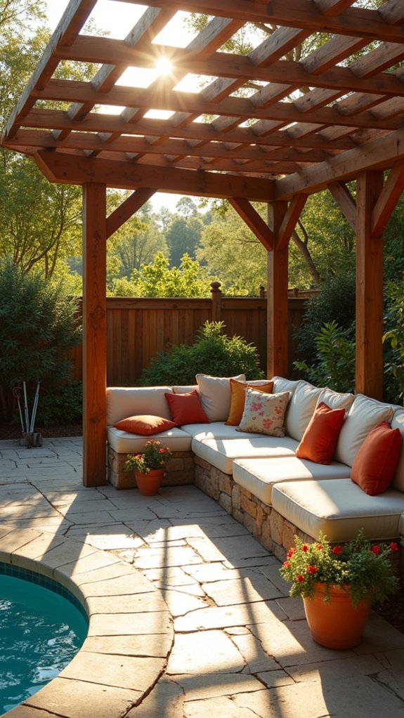 24 Thoughtful Pool Pergola Ideas That Add Style and Shade cozy built in seating solutions
