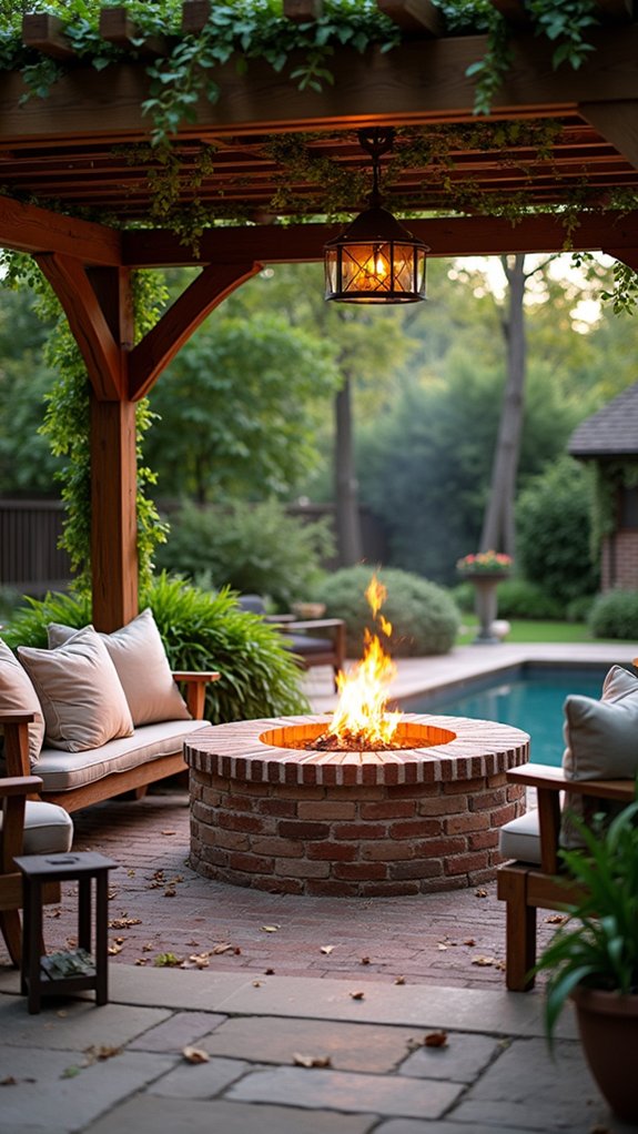 24 Thoughtful Pool Pergola Ideas That Add Style and Shade cozy fire pit ambiance