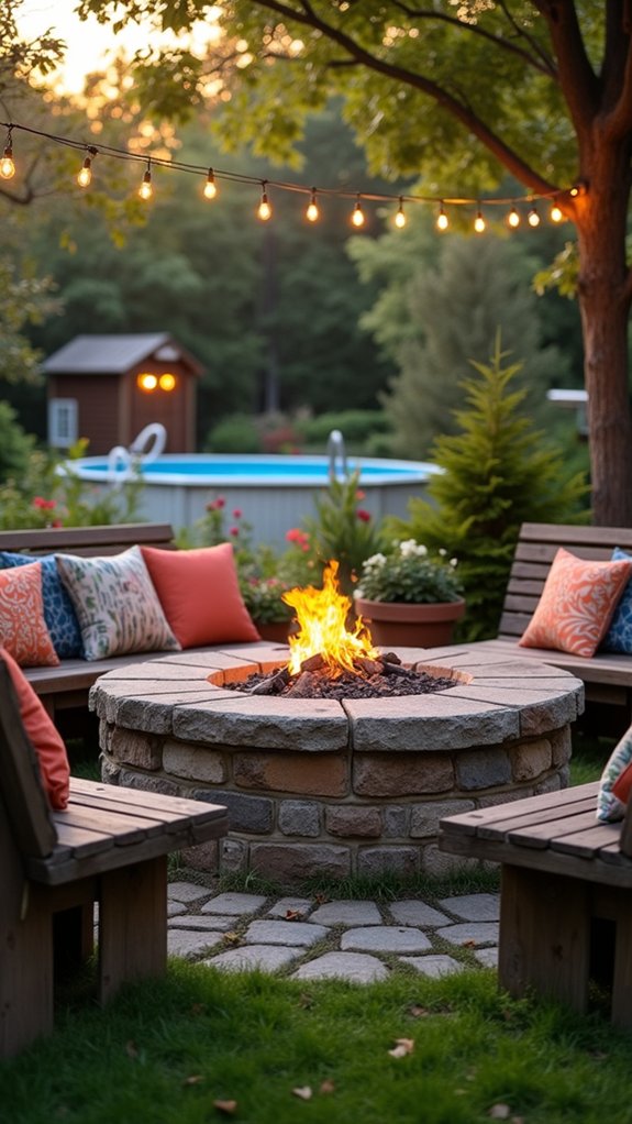 18 Creative Backyard Above Ground Pool Lighting Ideas For Dark Evenings cozy gathering with fire
