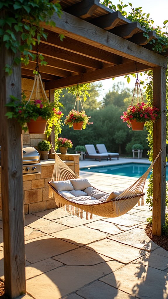 24 Practical Pool Pergola With Kitchen Ideas For Outdoor Cooking cozy hammock relaxation nook
