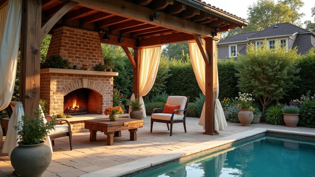 20 Cozy Pool Pergola With Fireplace Ideas For Warm Nights cozy poolside pergola designs