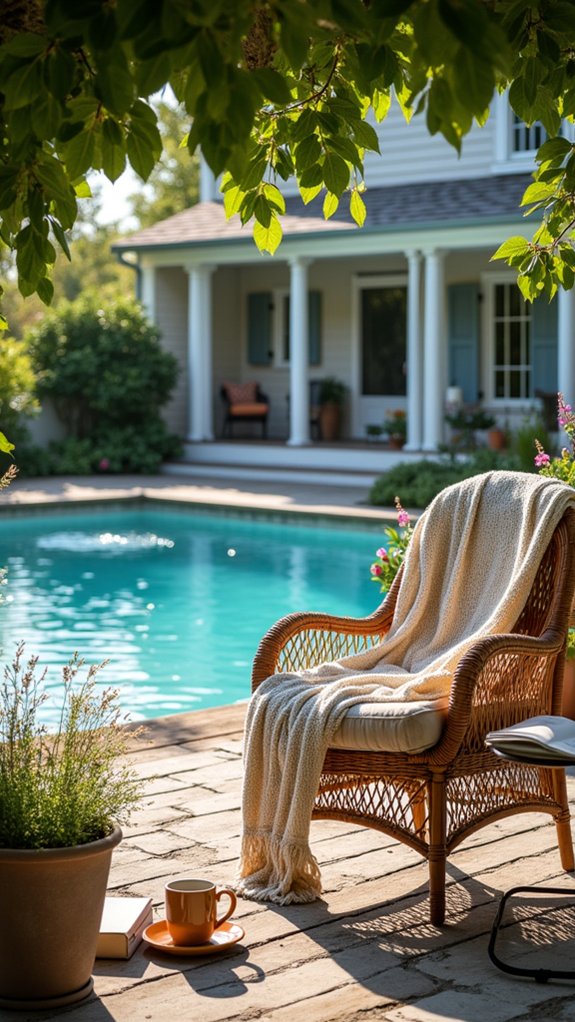 24 Farmhouse Pool House Ideas Full of Cozy Country Style cozy poolside reading nook