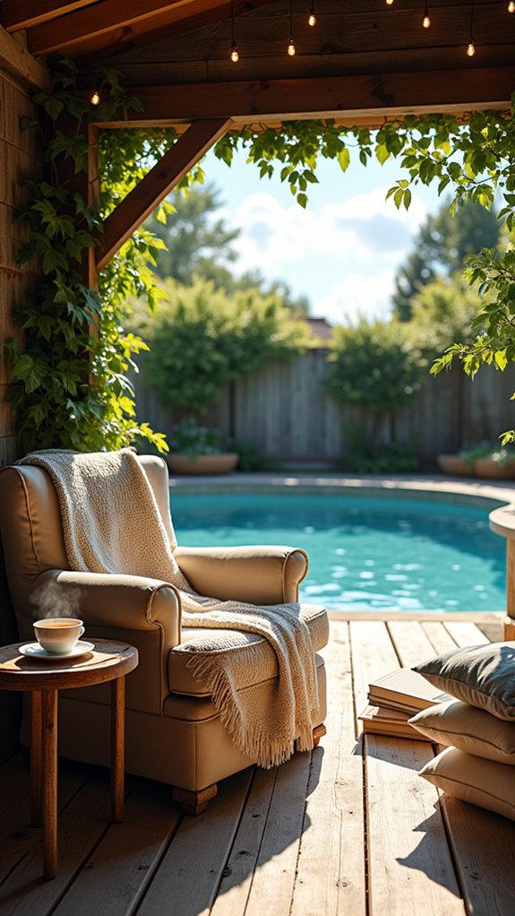21 Clever Small Backyard Pool Cabana Ideas That Make Space Work Harder cozy poolside reading retreat
