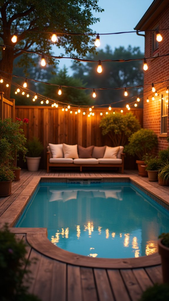 23 Gorgeous Backyard Pool Lighting Ideas That Create a Warm Evening Glow cozy retro backyard ambiance