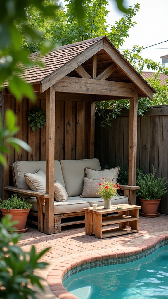 21 Clever Small Backyard Pool Cabana Ideas That Make Space Work Harder cozy rustic pallet furniture
