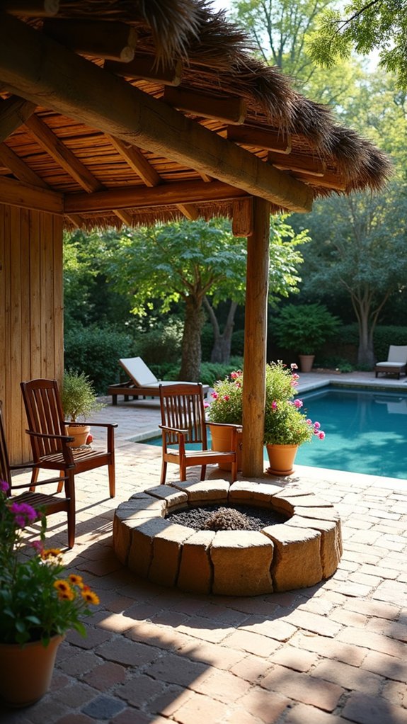 19 Rustic Pool Cabana Ideas With Natural Textures cozy stone fire pit