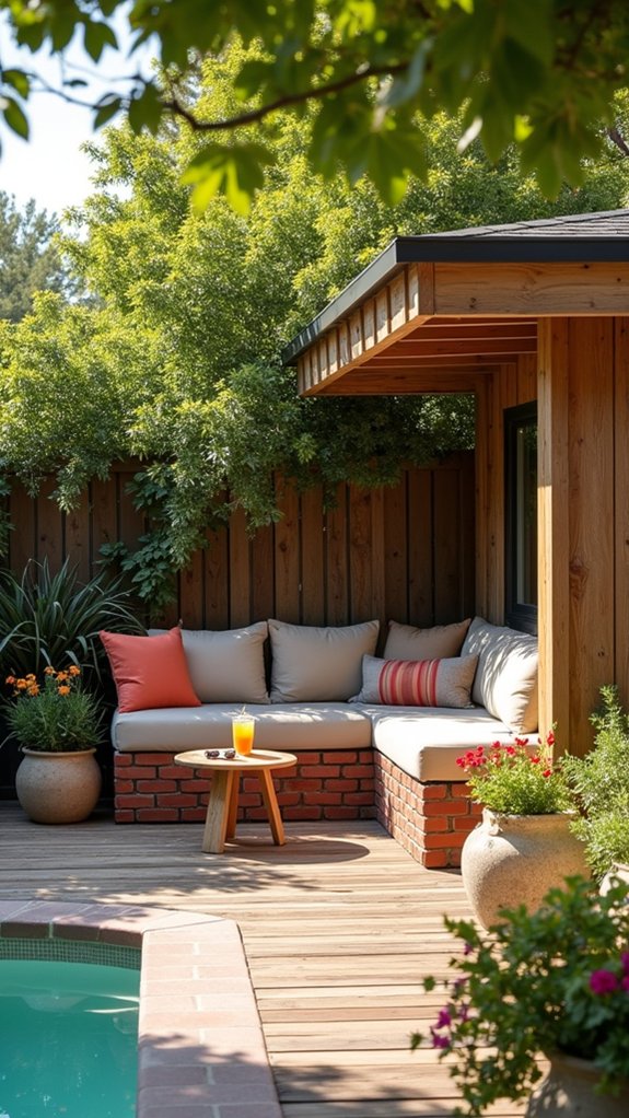 21 Clever Small Backyard Pool Cabana Ideas That Make Space Work Harder cozy storage seating solution