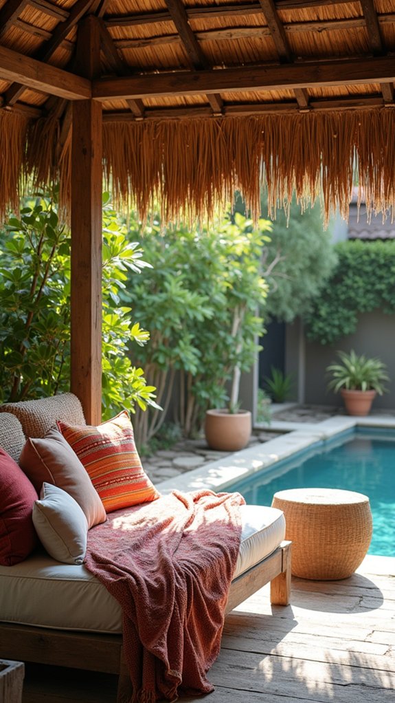 19 Rustic Pool Cabana Ideas With Natural Textures cozy woven textile accents