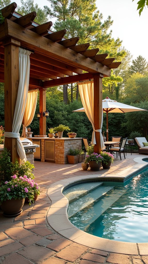 24 Thoughtful Pool Pergola Ideas That Add Style and Shade culinary haven by pool