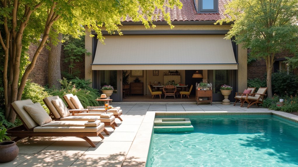 24 Smooth Retractable Pool Shade Ideas That Adjust Effortlessly effortless adjustable pool shades