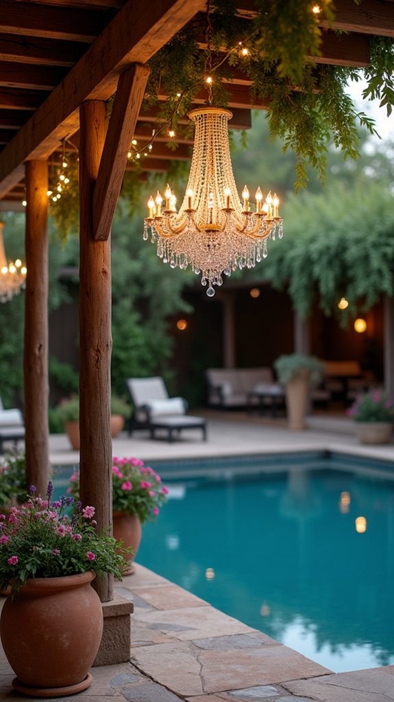 23 Gorgeous Backyard Pool Lighting Ideas That Create a Warm Evening Glow elegant chandelier enhances atmosphere