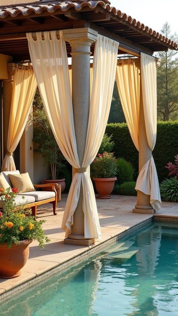 25 Mediterranean Pool Pergola Ideas With Timeless Elegance elegant stone pergola drapes