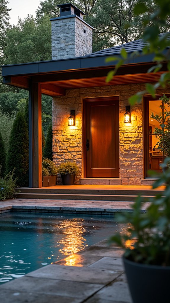 23 Stylish Pool House Exterior Ideas That Boost Curb Appeal enchanting evening lighting solutions
