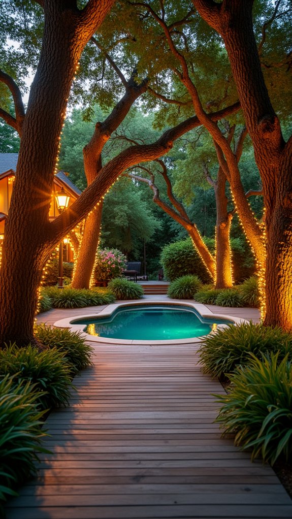 25 Bright Outdoor Pool Lighting Ideas That Elevate the Whole Yard enchanting tree up lighting effects