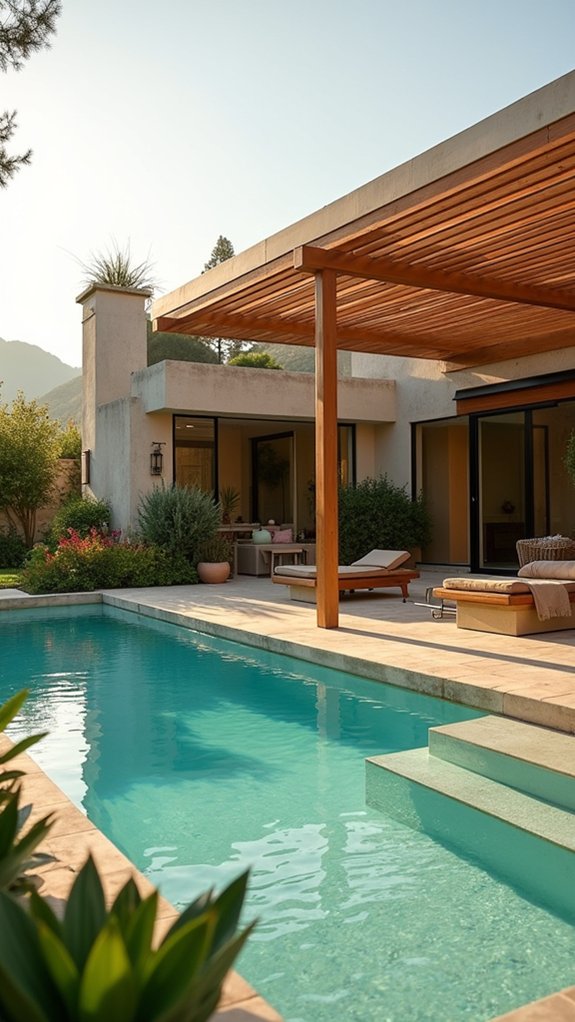 22 Modern Pool Pergola Ideas With Sleek Minimal Shapes gentle curves enhance relaxation