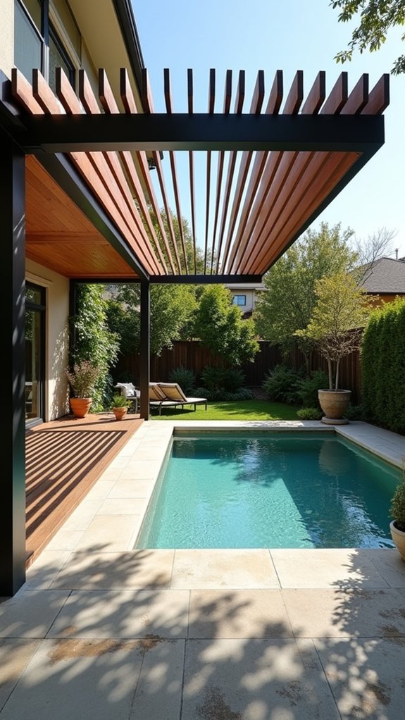 22 Modern Pool Pergola Ideas With Sleek Minimal Shapes geometric elegance enhances aesthetics