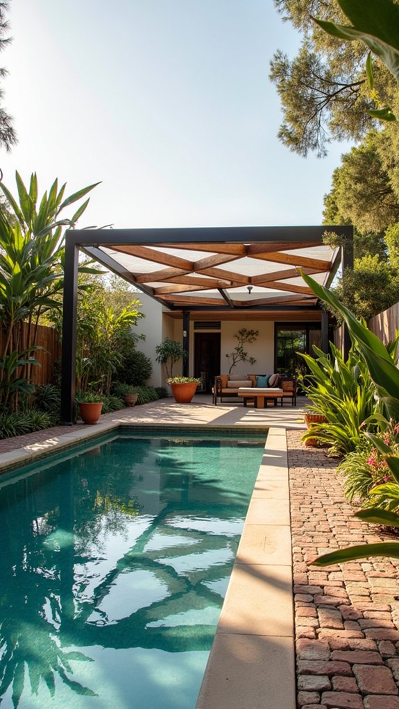 24 Beautiful Pool Shade Pavilion Ideas That Create a Retreat geometric shade structure beauty