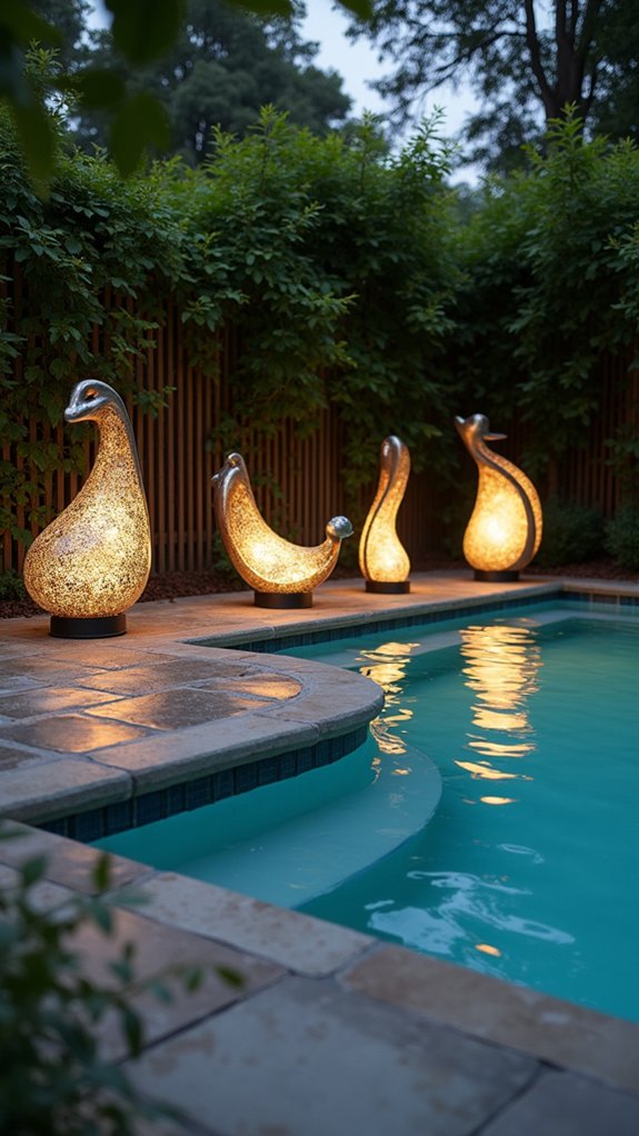 22 Calm Pool Enclosure Lighting Ideas That Feel Serene at Night illuminated figures create ambiance