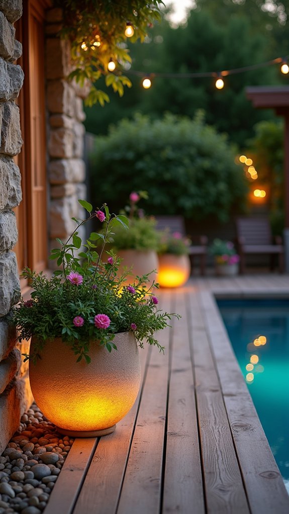 18 Elegant Pool Lighting Looks That Add Soft Sophistication illuminated planters create ambiance