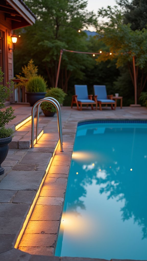 25 Bright Outdoor Pool Lighting Ideas That Elevate the Whole Yard illuminated pool safety ambiance