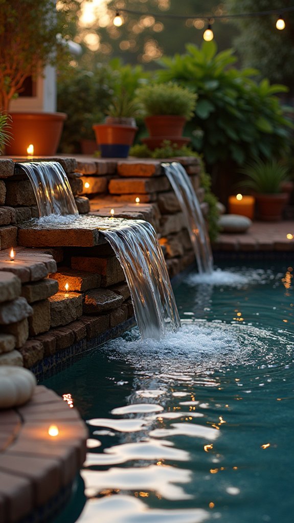 23 Gorgeous Backyard Pool Lighting Ideas That Create a Warm Evening Glow illuminated waterfalls enhance ambiance