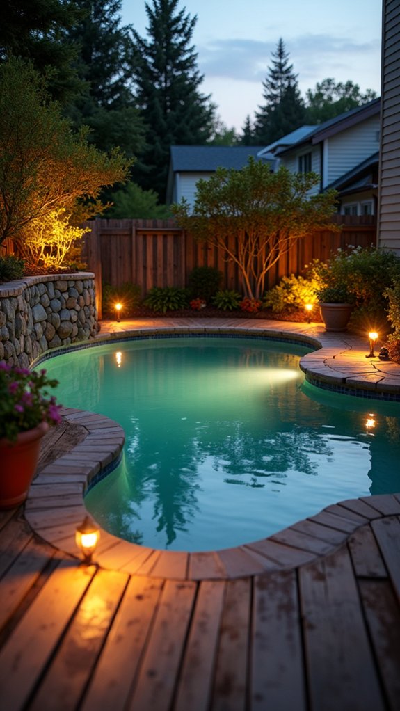 23 Gorgeous Backyard Pool Lighting Ideas That Create a Warm Evening Glow illuminating poolside landscape features